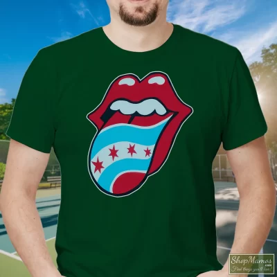 Men's Rolling Stones Soldier Field Chicago Flag Concert T Shirt In Forest Green, Front View On Light Wood Background