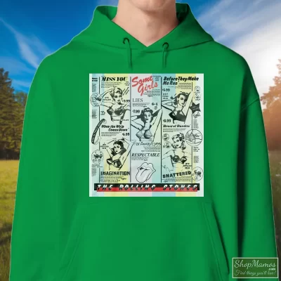 Men's Rolling Stones Some Girls 16th American Studio Album Hoodie In Irish Green, Front View On Light Wood Background