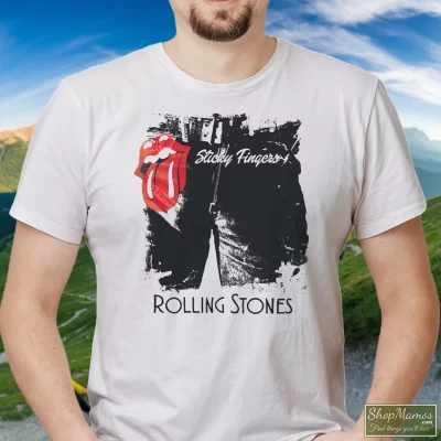 Men's Rolling Stones Sticky Fingers T Shirt In White, Front View On Dark Wood Background