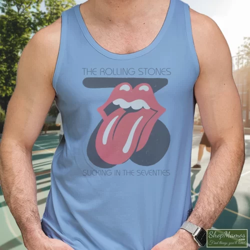 Rolling Stones Sucking In The Seventies White Men’s Tank Top – Light Blue Front View On Dark Wood Background Men's Rolling Stones Sucking In The Seventies White Tank Top In Light Blue, Front View On Dark Wood Background