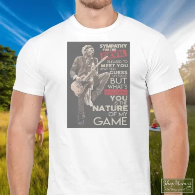 Men's Rolling Stones Sympathy For The Devil Keith Richards T Shirt In White, Front View On Dark Wood Background
