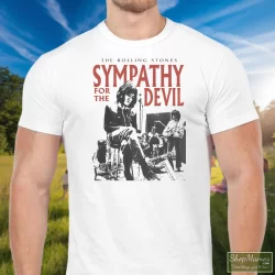 Men's Rolling Stones Sympathy For The Devil T Shirt In White, Front View On Dark Wood Background