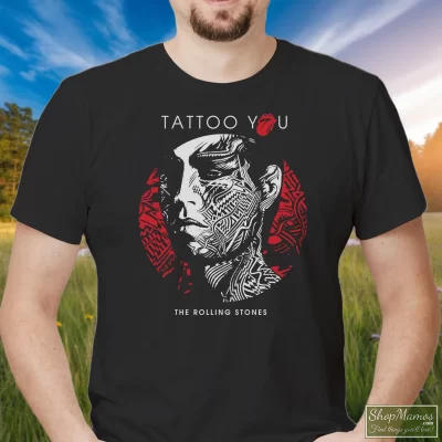 Men's Rolling Stones Tattoo You Album T Shirt In Black, Front View On Light Wood Background