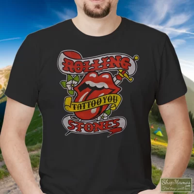Men's Rolling Stones Tattoo You T Shirt In Black, Front View On Light Wood Background