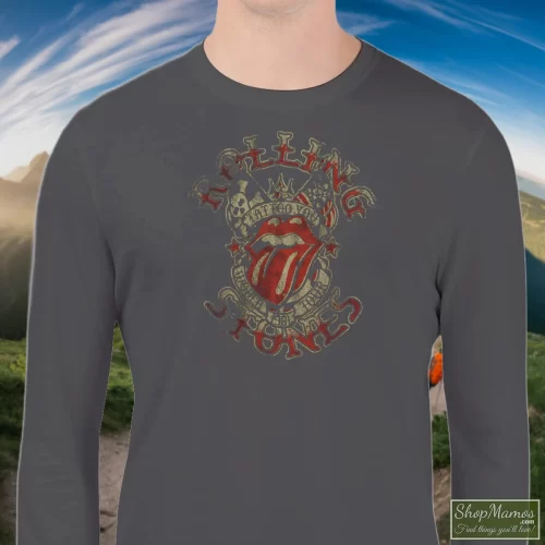Rolling Stones Tattoo You Tour 1981 Men’s Sweatshirt – Charcoal Front View On Dark Wood Background Men's Rolling Stones Tattoo You Tour 1981 Sweatshirt In Charcoal, Front View On Dark Wood Background