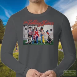 Rolling Stones The Alamo Group Photo Shirt 4 Men's Rolling Stones The Alamo Group Photo Long Sleeve In Charcoal, Front View On Dark Wood Background