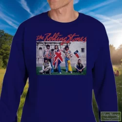 Rolling Stones The Alamo Group Photo Shirt 6 Men's Rolling Stones The Alamo Group Photo Sweatshirt In Navy, Front View On Light Wood Background