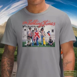Rolling Stones The Alamo Group Photo Shirt 2 Men's Rolling Stones The Alamo Group Photo T Shirt In Sport Grey, Front View On Dark Wood Background