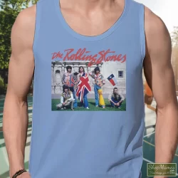 Rolling Stones The Alamo Group Photo Shirt 7 Men's Rolling Stones The Alamo Group Photo Tank Top In Light Blue, Front View On Dark Wood Background