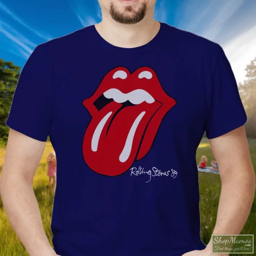 Rolling Stones The North American Tour 1989 Original Vintage Rock Men’s T Shirt – Navy Front View On Light Wood Background Men's Rolling Stones The North American Tour 1989 Original Vintage Rock T Shirt In Navy, Front View On Light Wood Background
