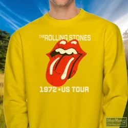 Rolling Stones Tongue 1972 US Tour Shirt 8 Men's Rolling Stones Tongue 1972 US Tour Sweatshirt In Yellow, Front View On Dark Wood Background