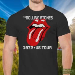 Men's Rolling Stones Tongue 1972 US Tour T Shirt In Black, Front View On Light Wood Background
