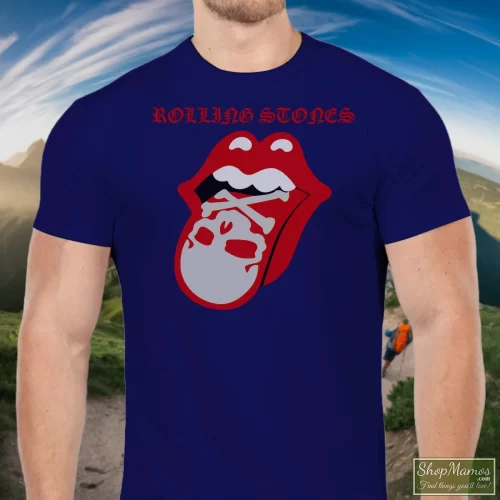 Rolling Stones Tongue And Skull Men’s T Shirt – Navy Front View On Light Wood Background Men's Rolling Stones Tongue And Skull T Shirt In Navy, Front View On Light Wood Background