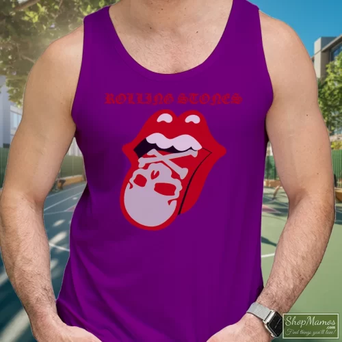 Rolling Stones Tongue And Skull Men’s Tank Top – Purple Front View On Light Wood Background Men's Rolling Stones Tongue And Skull Tank Top In Purple, Front View On Light Wood Background
