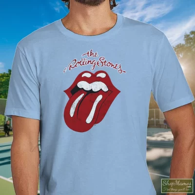 Men's Rolling Stones Tongue Black T Shirt In Light Blue, Front View On Dark Wood Background