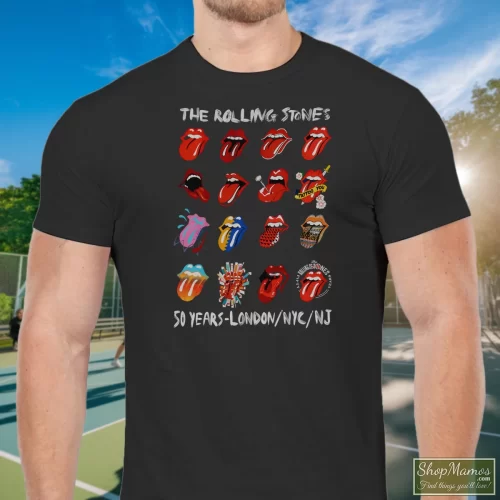 Rolling Stones Tongues 50th Anniversary Men’s T Shirt – Black Front View On Light Wood Background Men's Rolling Stones Tongues 50th Anniversary T Shirt In Black, Front View On Light Wood Background
