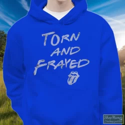 Rolling Stones Torn And Frayed Shirt 9 Men's Rolling Stones Torn And Frayed Hoodie In Royal Blue, Front View On Light Wood Background