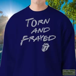 Rolling Stones Torn And Frayed Shirt 10 Men's Rolling Stones Torn And Frayed Sweatshirt In Navy, Front View On Light Wood Background