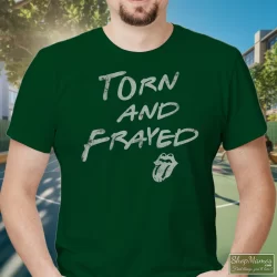 Rolling Stones Torn And Frayed Shirt 4 Men's Rolling Stones Torn And Frayed T Shirt In Forest Green, Front View On Light Wood Background