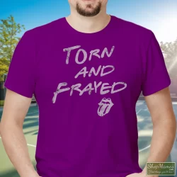 Rolling Stones Torn And Frayed Shirt 2 Men's Rolling Stones Torn And Frayed T Shirt In Purple, Front View On Light Wood Background