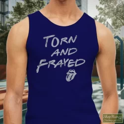Rolling Stones Torn And Frayed Shirt 8 Men's Rolling Stones Torn And Frayed Tank Top In Navy, Front View On Light Wood Background