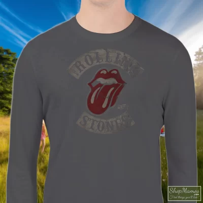Men's Rolling Stones Tour 1978 Black Sweatshirt In Charcoal, Front View On Dark Wood Background