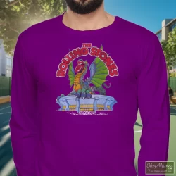 Rolling Stones Tour 1981 Dragon Shirt 6 Men's Rolling Stones Tour 1981 Dragon Long Sleeve In Purple, Front View On Light Wood Background