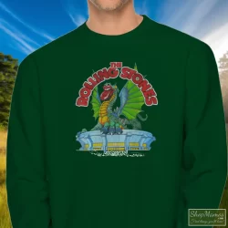 Rolling Stones Tour 1981 Dragon Shirt 7 Men's Rolling Stones Tour 1981 Dragon Sweatshirt In Forest Green, Front View On Light Wood Background
