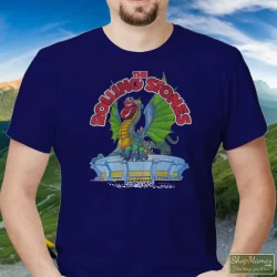 Rolling Stones Tour 1981 Dragon Shirt 3 Men's Rolling Stones Tour 1981 Dragon T Shirt In Navy, Front View On Light Wood Background