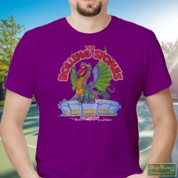 Rolling Stones Tour 1981 Dragon Shirt 5 Men's Rolling Stones Tour 1981 Dragon T Shirt In Purple, Front View On Light Wood Background
