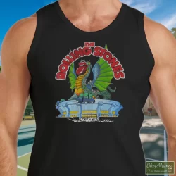 Rolling Stones Tour 1981 Dragon Shirt 10 Men's Rolling Stones Tour 1981 Dragon Tank Top In Black, Front View On Light Wood Background