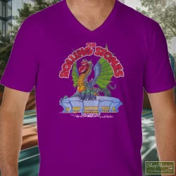 Rolling Stones Tour 1981 Dragon Shirt 8 Men's Rolling Stones Tour 1981 Dragon V Neck In Purple, Front View On Light Wood Background