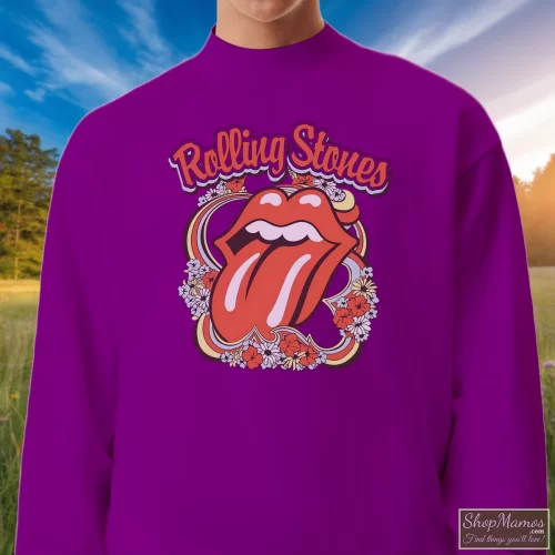 Rolling Stones Tour 2024 Gift For Fans Men’s Sweatshirt – Purple Front View On Light Wood Background Men's Rolling Stones Tour 2024 Gift For Fans Sweatshirt In Purple, Front View On Light Wood Background