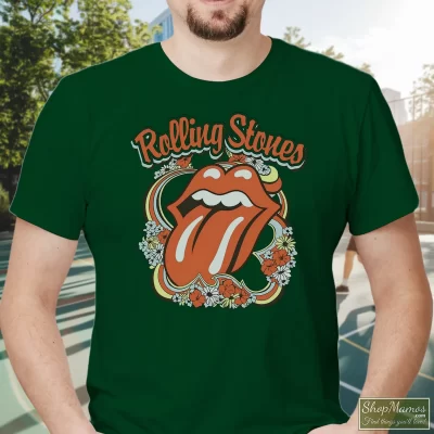 Men's Rolling Stones Tour 2024 Gift For Fans T Shirt In Forest Green, Front View On Light Wood Background