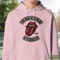 Rolling Stones Tour 78 Shirt 6 Men's Rolling Stones Tour 78 Hoodie In Light Pink, Front View On Dark Wood Background