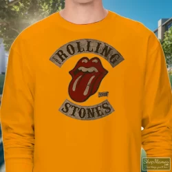 Rolling Stones Tour 78 Shirt 3 Men's Rolling Stones Tour 78 Long Sleeve In Orange, Front View On Dark Wood Background