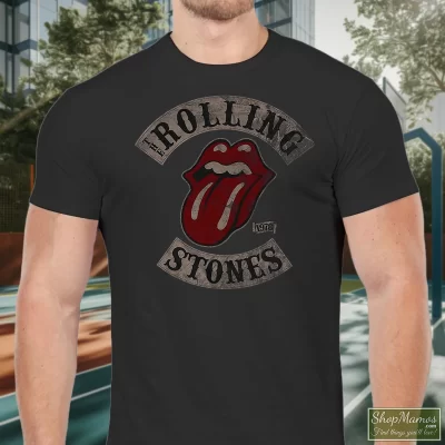 Men's Rolling Stones Tour 78 T Shirt In Black, Front View On Light Wood Background