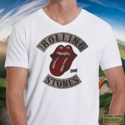Rolling Stones Tour 78 Shirt 5 Men's Rolling Stones Tour 78 V Neck In White, Front View On Dark Wood Background