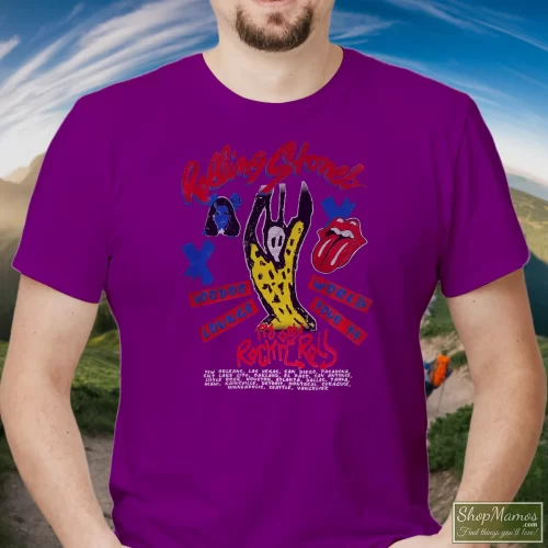 Rolling Stones Voodo Lounge World Tour Men’s T Shirt – Purple Front View On Light Wood Background Men's Rolling Stones Voodo Lounge World Tour T Shirt In Purple, Front View On Light Wood Background