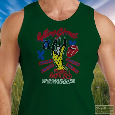 Men's Rolling Stones Voodo Lounge World Tour Tank Top In Forest Green, Front View On Light Wood Background
