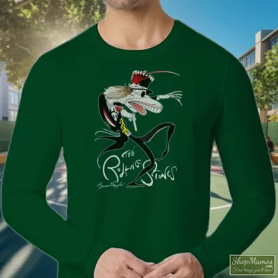 Men's Rolling Stones Voodoo Lounge Gerald Scarfe B Long Sleeve In Forest Green, Front View On Light Wood Background