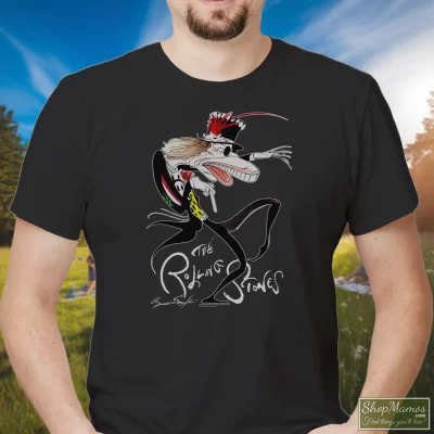 Men's Rolling Stones Voodoo Lounge Gerald Scarfe B T Shirt In Black, Front View On Light Wood Background