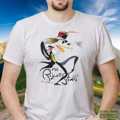 Men's Rolling Stones Voodoo Lounge Gerald Scarfe T Shirt In White, Front View On Dark Wood Background