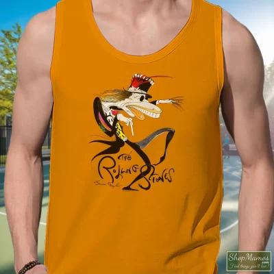 Men's Rolling Stones Voodoo Lounge Gerald Scarfe Tank Top In Orange, Front View On Dark Wood Background