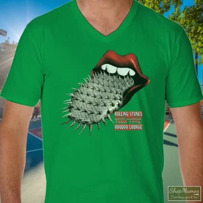 Men's Rolling Stones Voodoo Lounge North American Tour V Neck In Irish Green, Front View On Light Wood Background