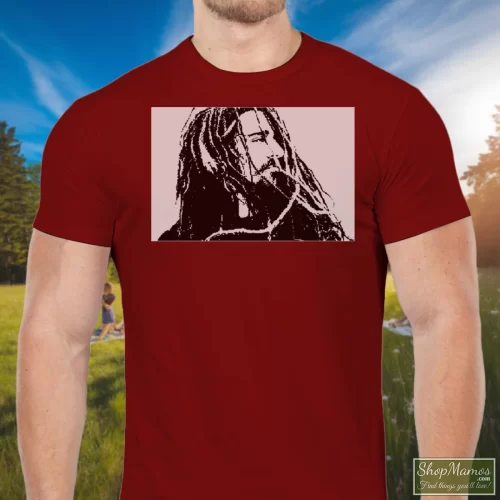 Rolling Stones With British Flag Over Us Men’s T Shirt – Maroon Front View On Light Wood Background Men's Rolling Stones With British Flag Over Us T Shirt In Maroon, Front View On Light Wood Background