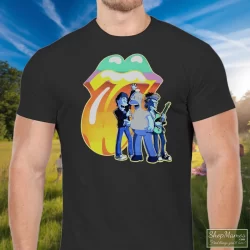 Men's Rolling Stones X The Simpsons Graphic T Shirt In Black, Front View On Light Wood Background