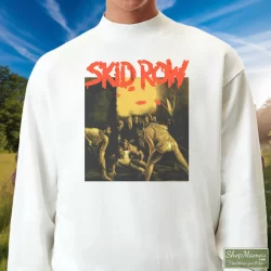 Skid Row 1991 Slave To The Grind Tour Shirt 10 Men's Skid Row 1991 Slave To The Grind Tour Sweatshirt In White, Front View On Dark Wood Background