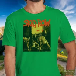 Skid Row 1991 Slave To The Grind Tour Shirt 1 Men's Skid Row 1991 Slave To The Grind Tour T Shirt In Irish Green, Front View On Light Wood Background