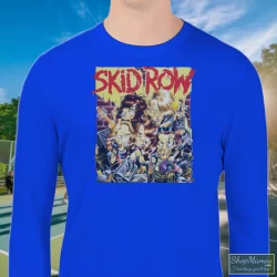 Skid Row B Side Ourselves 1992 Album Cover Inspired Black Shirt 1 Men's Skid Row B Side Ourselves 1992 Album Cover Inspired Black Sweatshirt In Royal Blue, Front View On Light Wood Background